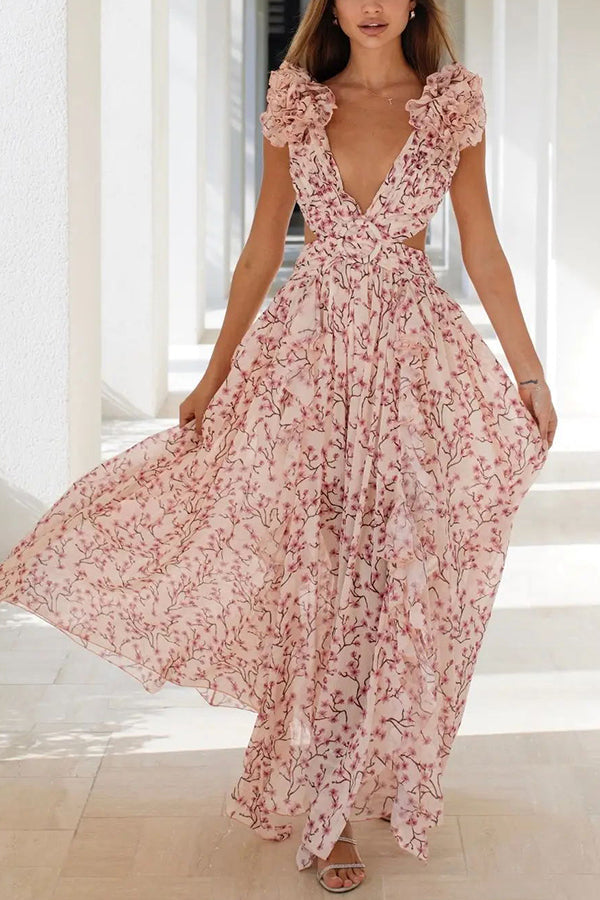 Lost in The Melody Chiffon Printed Flutter Sleeve Cutout Back Lace-up Maxi Dress