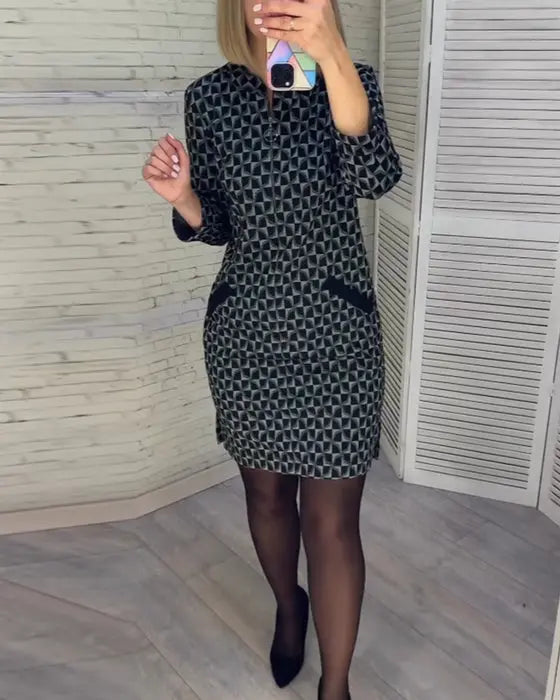 Geometric Pattern Long Sleeve Bodycon Dress