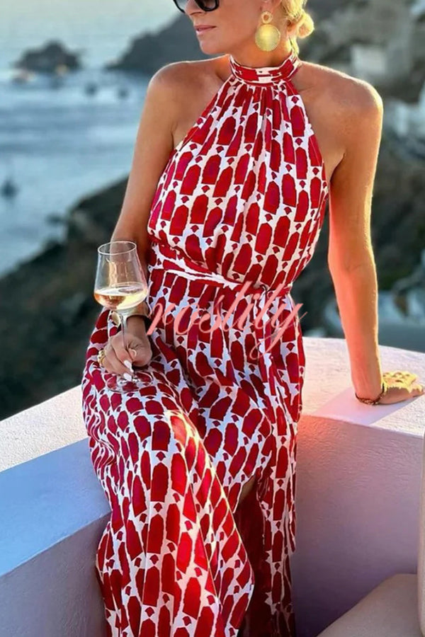 Unique Printed Sleeveless Halterneck Tie-waist Slit Maxi Dress