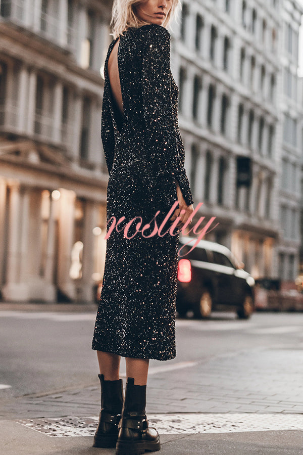 Ignite Sparkly Nights Sequin Extra Long Sleeve Open Back Loose Midi Dress