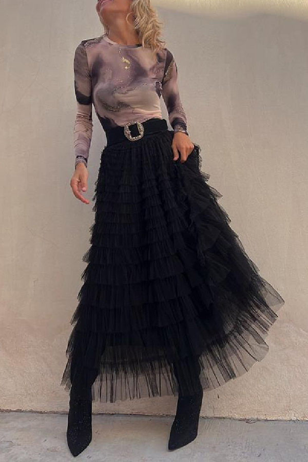 Be Your Own City Queen Tiered Elastic Waist Tulle Maxi Skirt