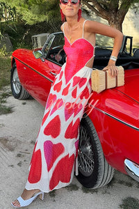 Full of Love Heart Shape Print Cutout Spaghetti Strap Backless Maxi Dress