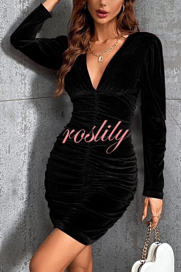 Solid Color Velvet Sexy V-neck Long Sleeve Ruched Mini Dress