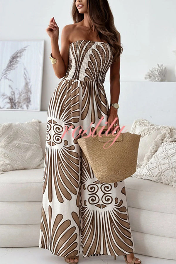 Unique Printed Off-shoulder Pleated Casual Wide-leg Jumpsuit